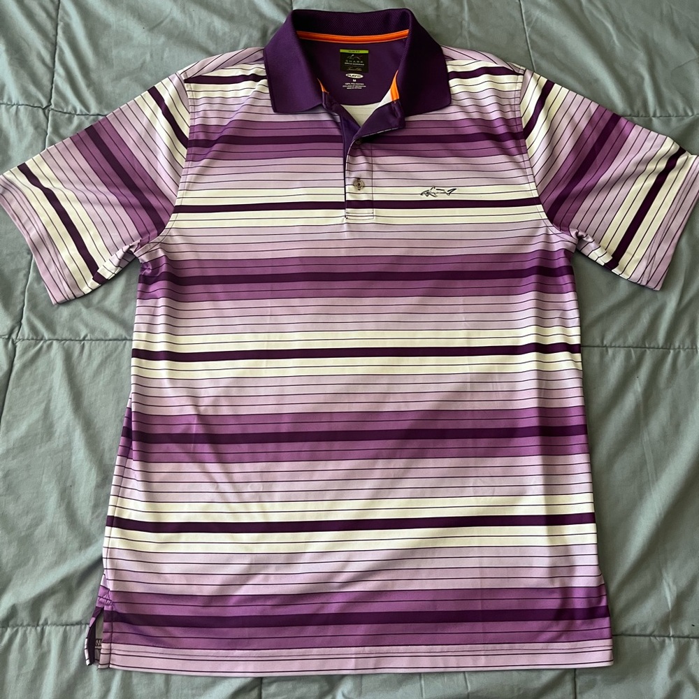 Shark Greg Norman golf polo shirt size medium purple white stripes.